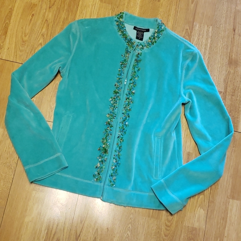 Boston Proper green velour beaded cardigan sz XS